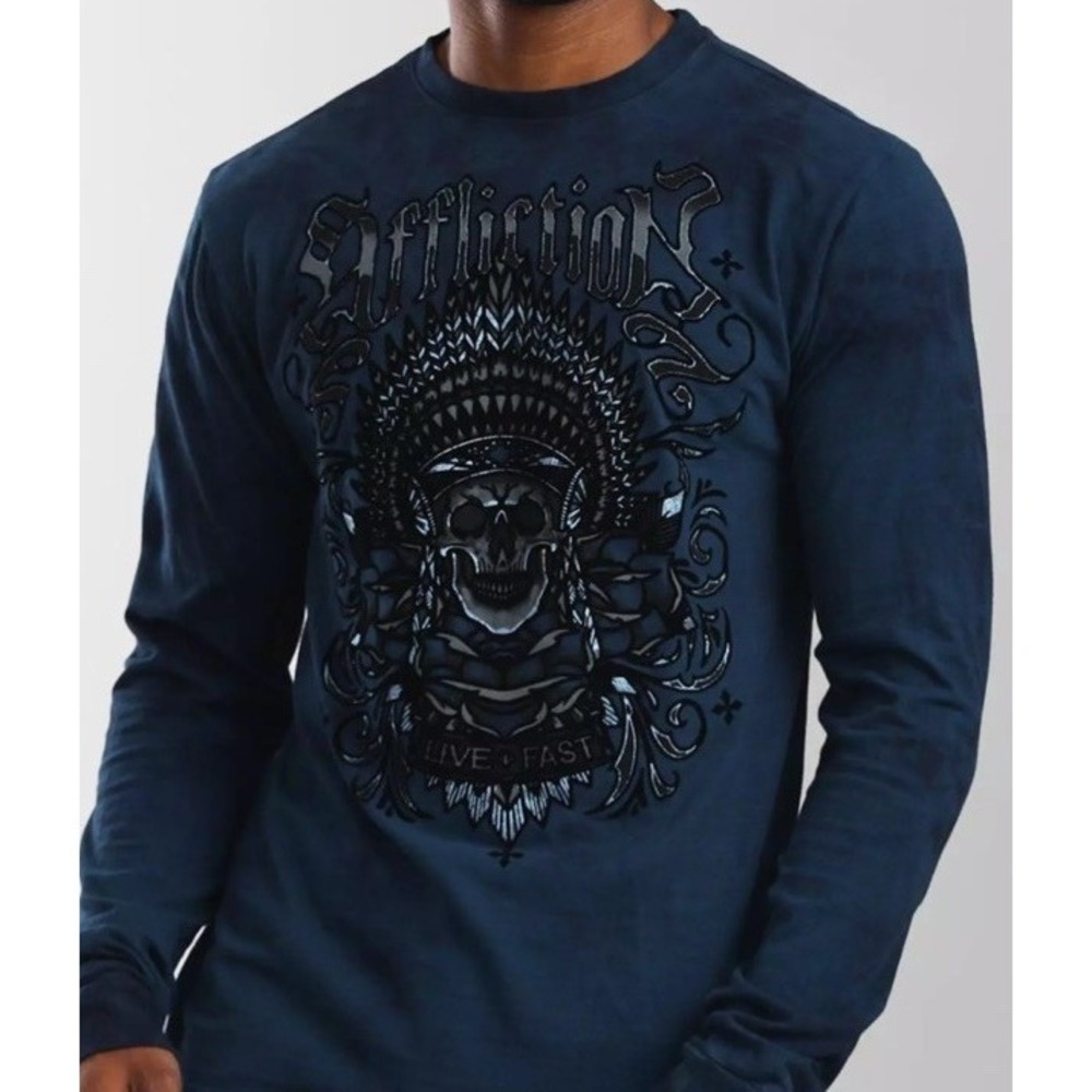 Affliction Long Sleeve T-Shirt Mens Spiral Shadow Velvet Grunge Indian Skull XL